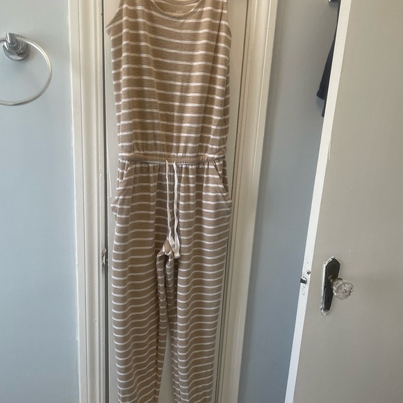 Aerie Striped Tan and White Jumpsuit with Pockets - Picture 2 of 7